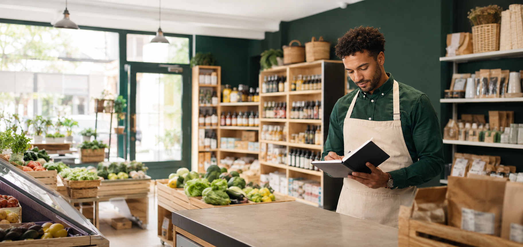 Entrepreneur préparant l’ouverture d’une épicerie moderne
